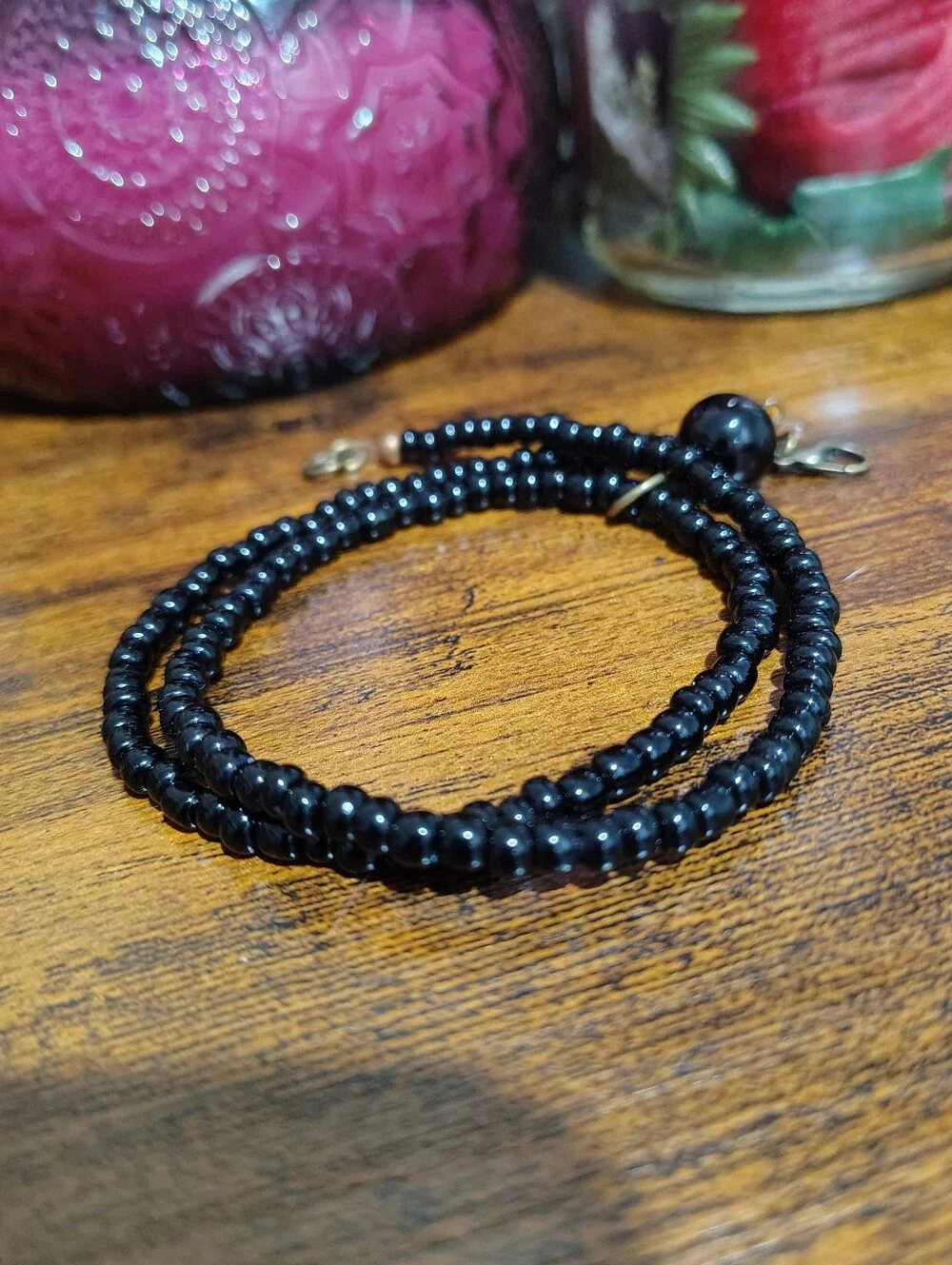 Black Beaded Men's Necklace with Pendant Accent Bead